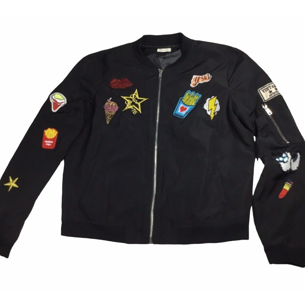 TEA & CUP Women's Black Polyester Food Embroidered Full Zip Bomber Jacket Size M